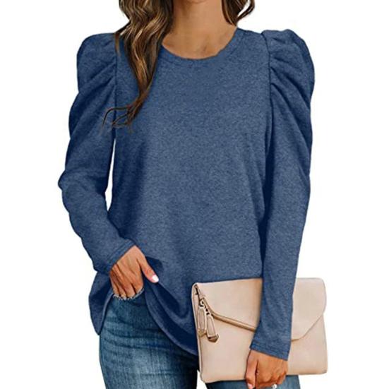 Rundhalsausschnitt Plissee Schulter Puff Lange Ärmel Damen Bluse Herbst Winter Einfarbig