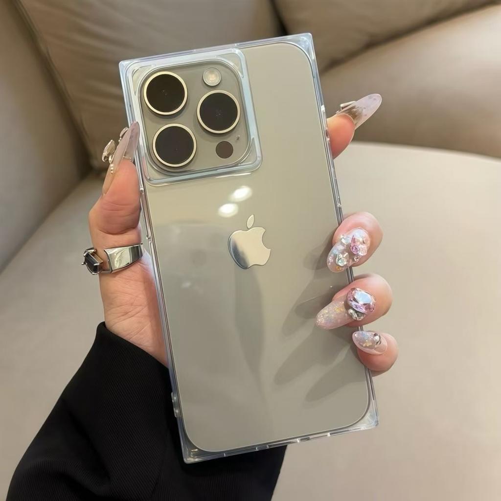 Luxury Square Frame Clear Siicone Shockproof Case For iPhone 16 15 14 Plus 13 12 11 Pro Max Crystal Ice Cube Soft Armor Cover