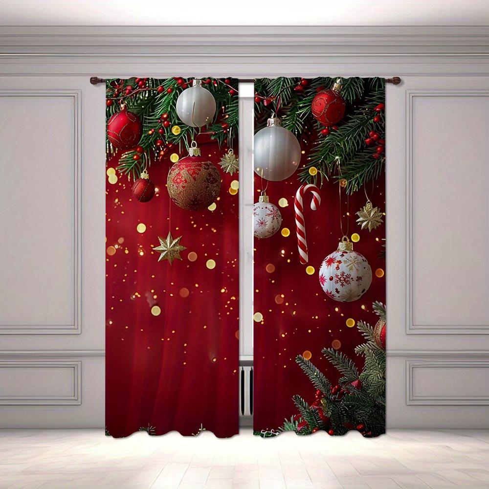 2pcs Red Christmas Printed Semi-Blackout Curtains with Green Pine Branches and Golden Balls  Drapes for Living Room Bedroom