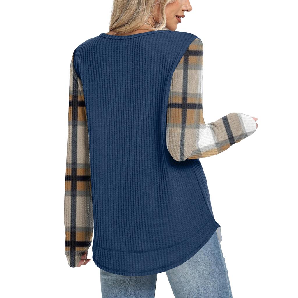 Women's Plaid Print Round Neck Long Sleeve Casual Loose Top