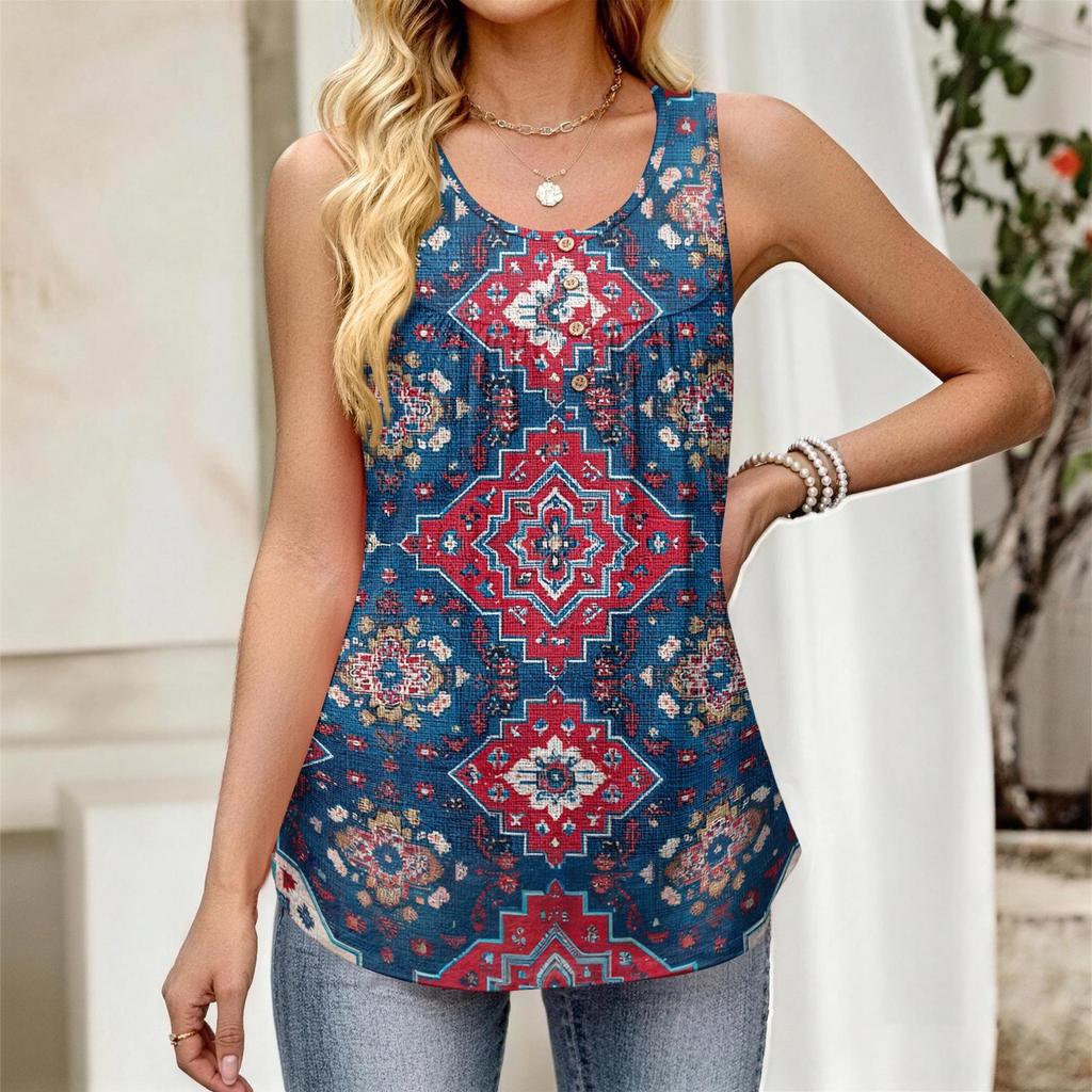 Top Gilet da Donna Nuovo alla Moda Retro Floreale a Strisce Stampa Texturizzata Girocollo Largo Casual Senza Maniche con Bottoni