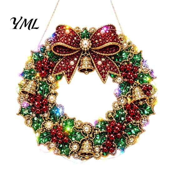 DIY Heimurlaubsdekoration Acryl Weihnachten Kunstperlen Aufhänge-Set, Beleuchteter Kranz 3D Perlen Bastelmalerei Set Kit mit LED-Lichterkette,