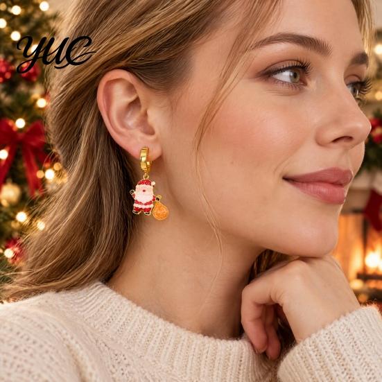 Oil Dropping Earrings 1 Pair Women Christmas Dripping Earrings, Santa Claus Xmas Daily Wear Tree Sleigh Dangle Earring, Lightweight Hypoallergenic
