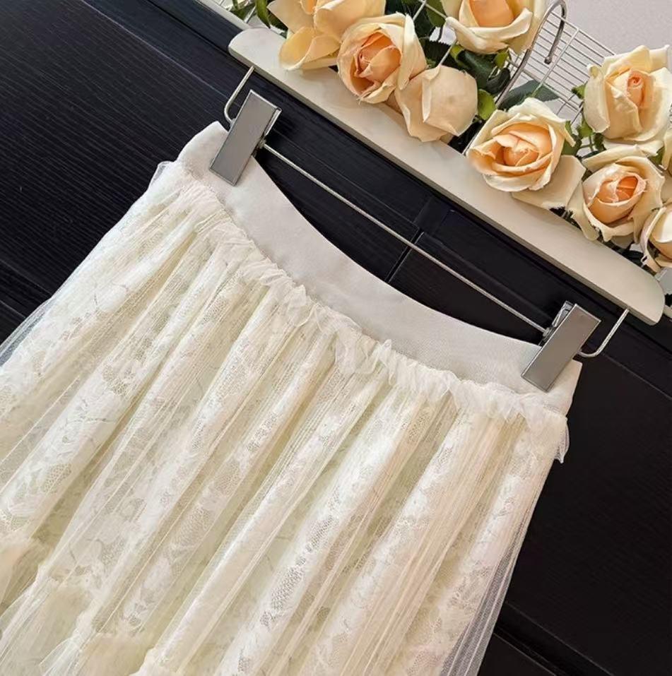 Women's Fairy Embroidered Mesh Midi Skirt - High Waist, Slimming, Fluffy Cake Design for Autumn/Winter