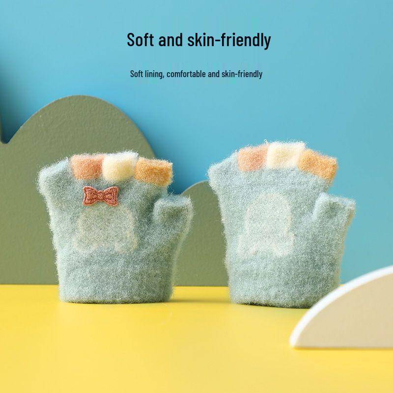 Cartoon Cute Half-Finger Knitted Baby Gloves for Toddlers (0-2 Years), Autumn & Winter, Plus Velvet