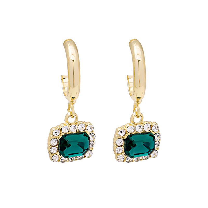 Emerald Green Gemstone Hong Kong Style Retro C-Shaped Dangle Stud Earrings Inspired by IU