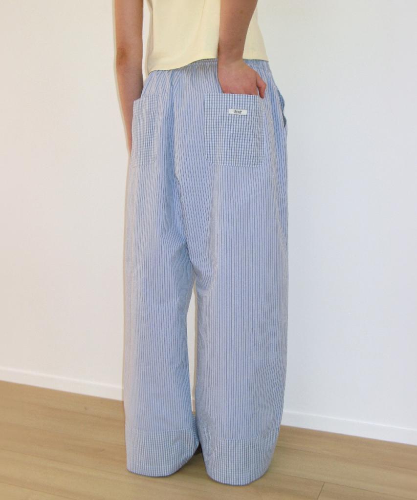 RONRON Stripe Check Panel Comfort Pants Soft Blue