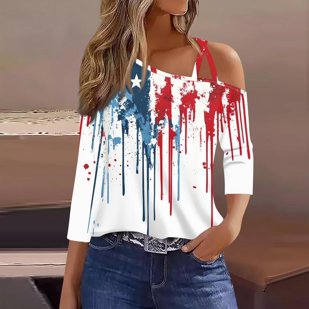 Women's Fashion Casual Independence Day Print Sexy Cold Shoulder 3/4 Sleeve T-shirt Top