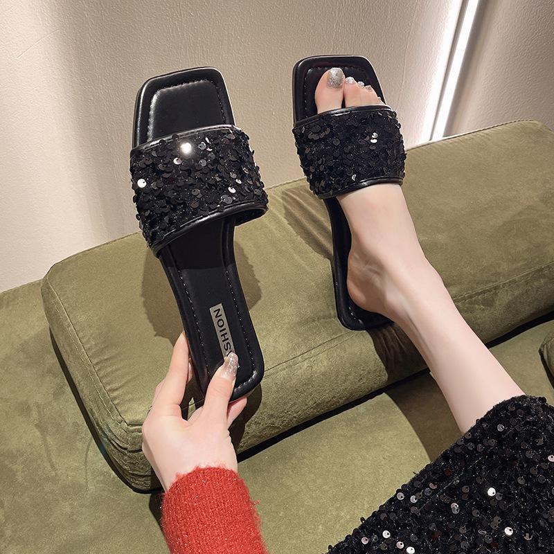 New Summer One-word Slippers Women's Summer Fashion Outer Wear Temperament Black Elegant Rhinestone Thick Heel Square Head Cool Slippers