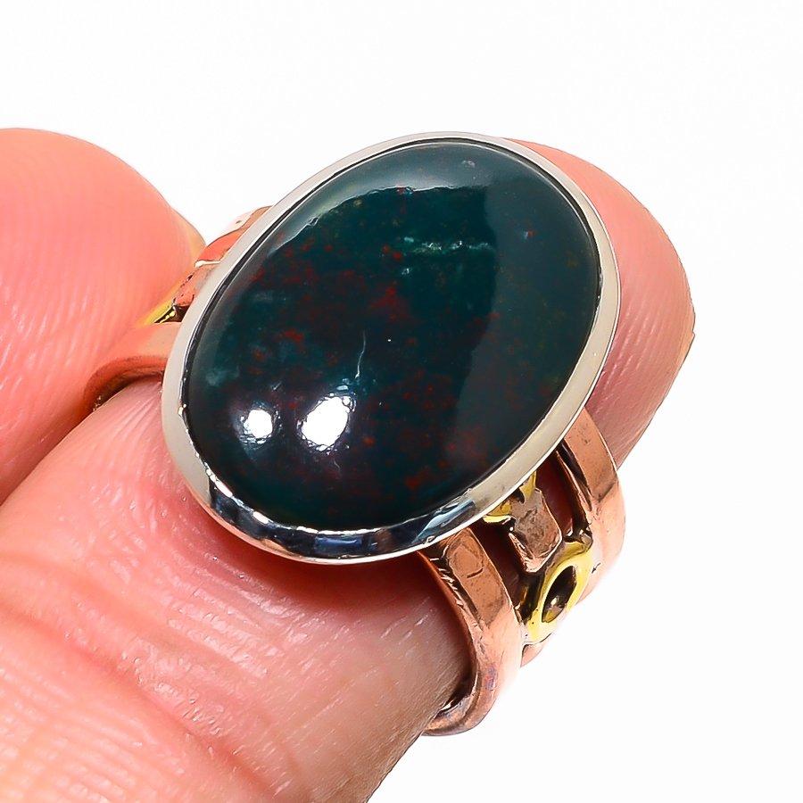 Anello in Argento Sterling 925 Bicolore con Pietra di Diaspro Sanguigno Naturale S.7.5 Q7e47