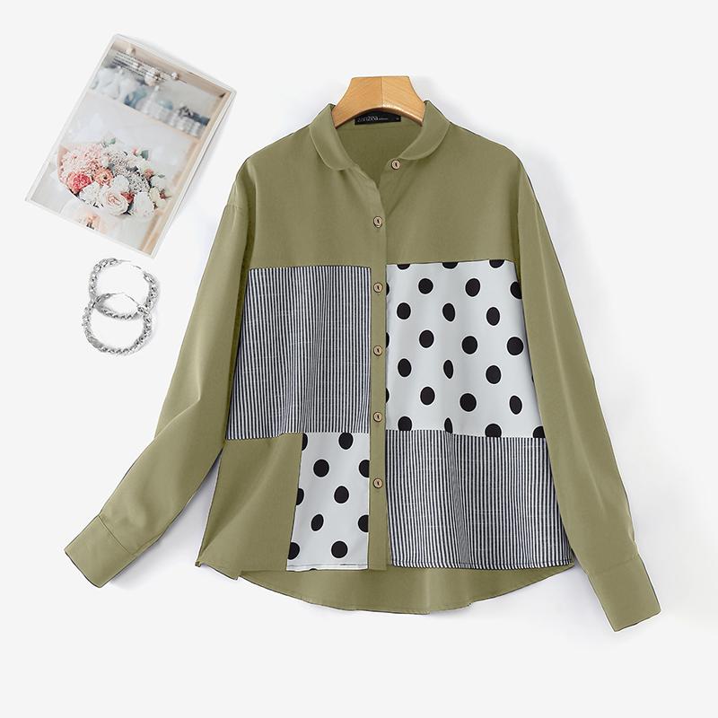 

ZANZEA Женская блузка с отложным воротником, длинными рукавами и лоскутным принтом 4XL зелёный