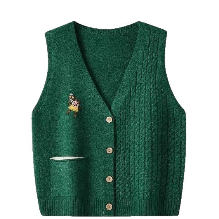 Vintage Fried Dough Twists V-neck Knitted Vest for Women Spring Autumn Hand Embroidered Vest