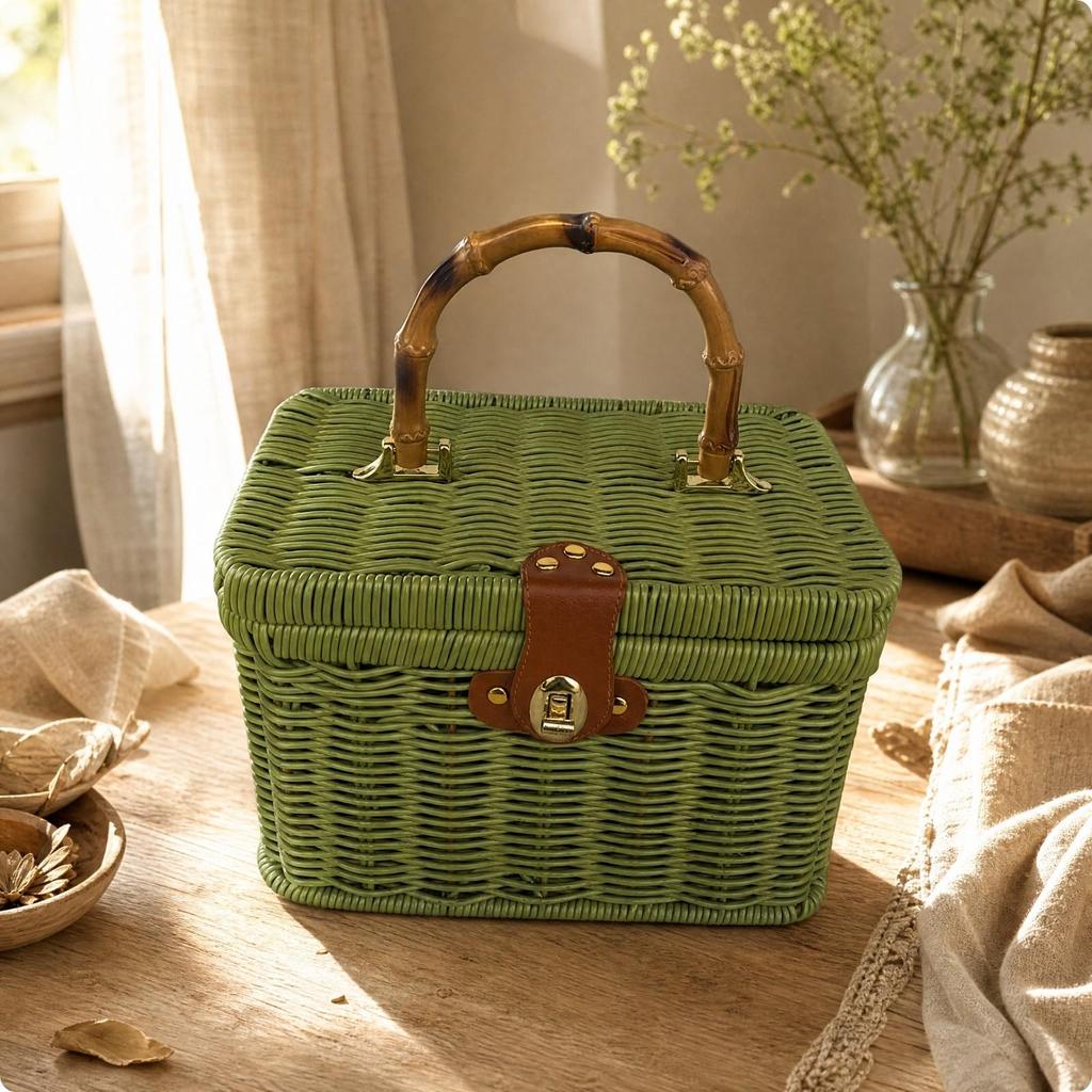 Rectangular Lidded Wicker Basket Sturdy Woven Container with Handle Easy