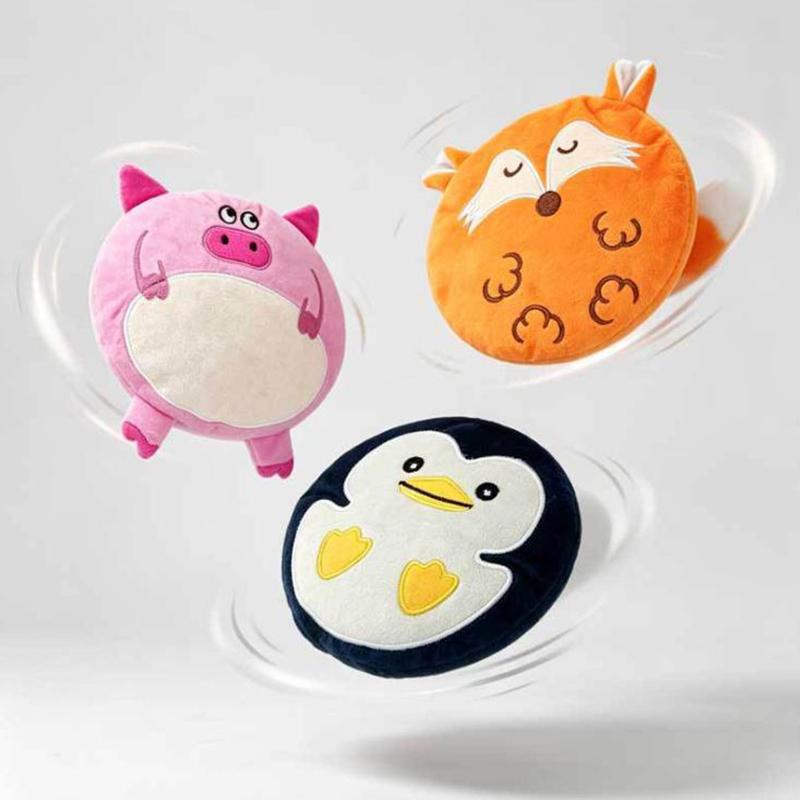 Cute Cartoon Plush Dog Flying Disc Squeaky Chew Toy Soft Safe Teething Outdoor Training Interactive Toy for Small Medium Dogs