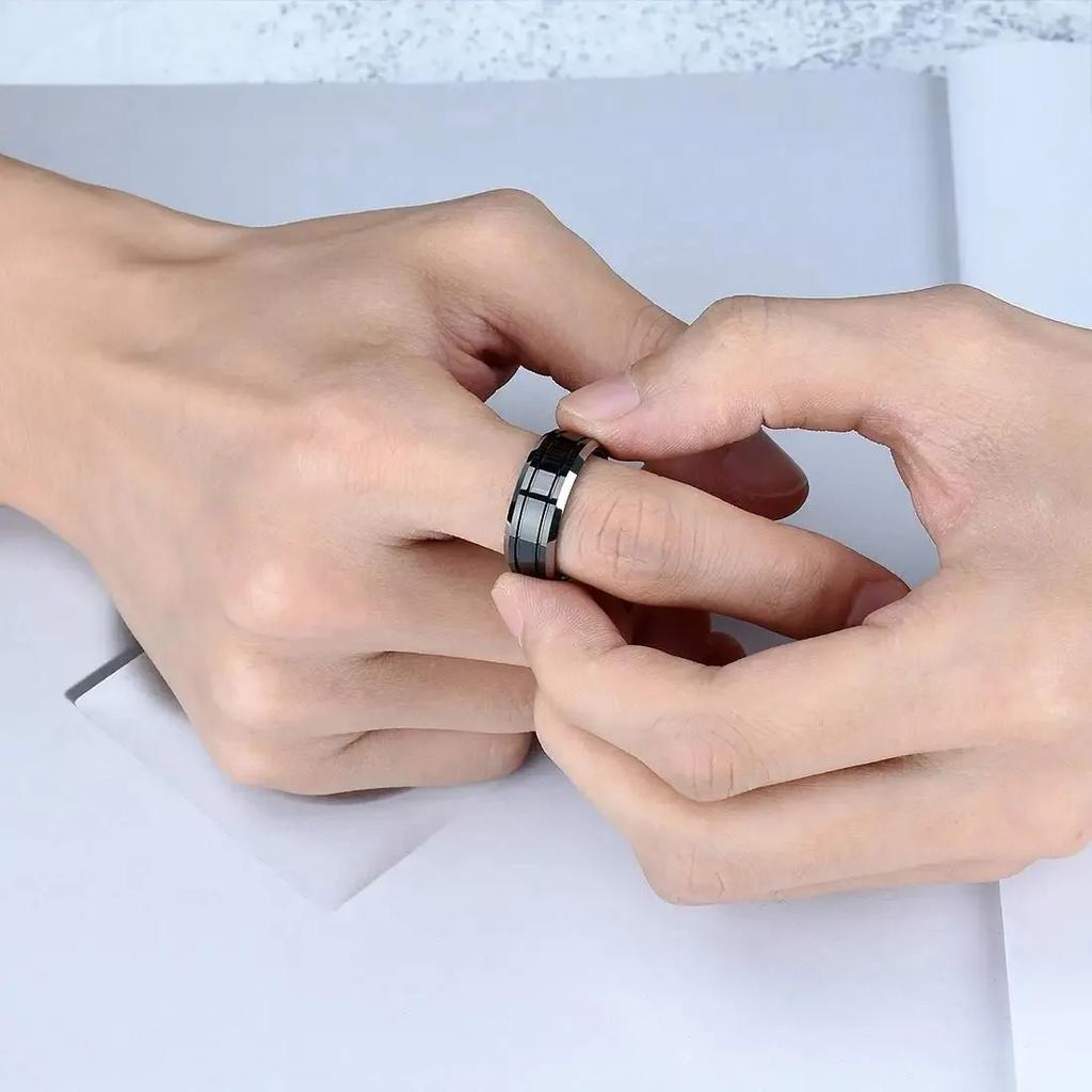 Fashion 8mm Black Stainless Steel Rings For Men Double Groove Beveled Edge Men Engagement Ring Wedding Anniversary Jewelry Gifts