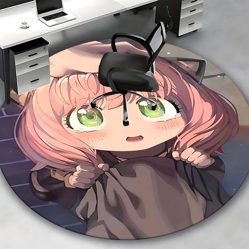 1pc Anime Design Round Carpet Cute Cat Girl with Pink Hair and Green Eyes, Office Chair Mat, Home Decor, Living Room, Bedroom, Non Slip Rug, Gift