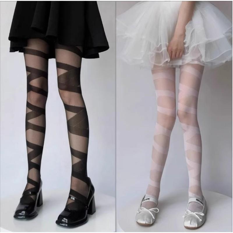 Sheer 15D Thigh High Stockings With Striped Bandage Detail Womens Thin Pantyhose JK Style Sexy Fashion