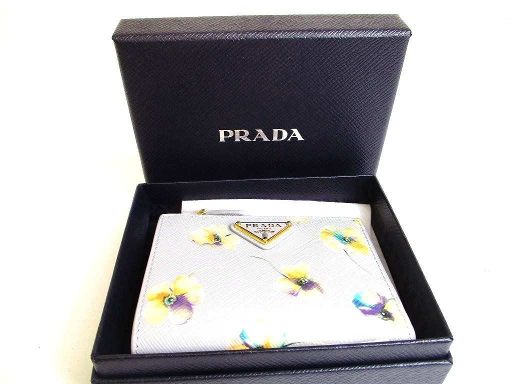 Authentic PRADA Light Blue Leather Flower Motif Bifold Wallet Compact Wallet #b268  Open box