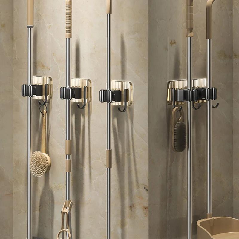 Wall Mounted Punch-free Mop Clamp Bathroom Wall Hanging Mop Rack Broom Storage Rack Multifunctional Hook Multi-use Sticky Hook