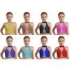 Top Corto da Danza Latina per Ragazze con Scollo all'Americana Senza Maniche Incrociato sulla Schiena Patchwork in Rete Strass Scintillanti Gilet