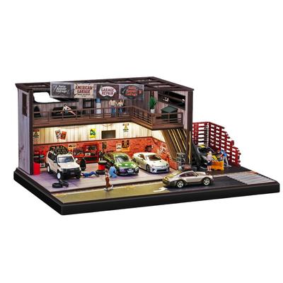 GarageLine Diecast Car American Garage Diorama with Parking Lot and Display Photography Collection Display GL0008 1/64 Two-Story Roads, Case,