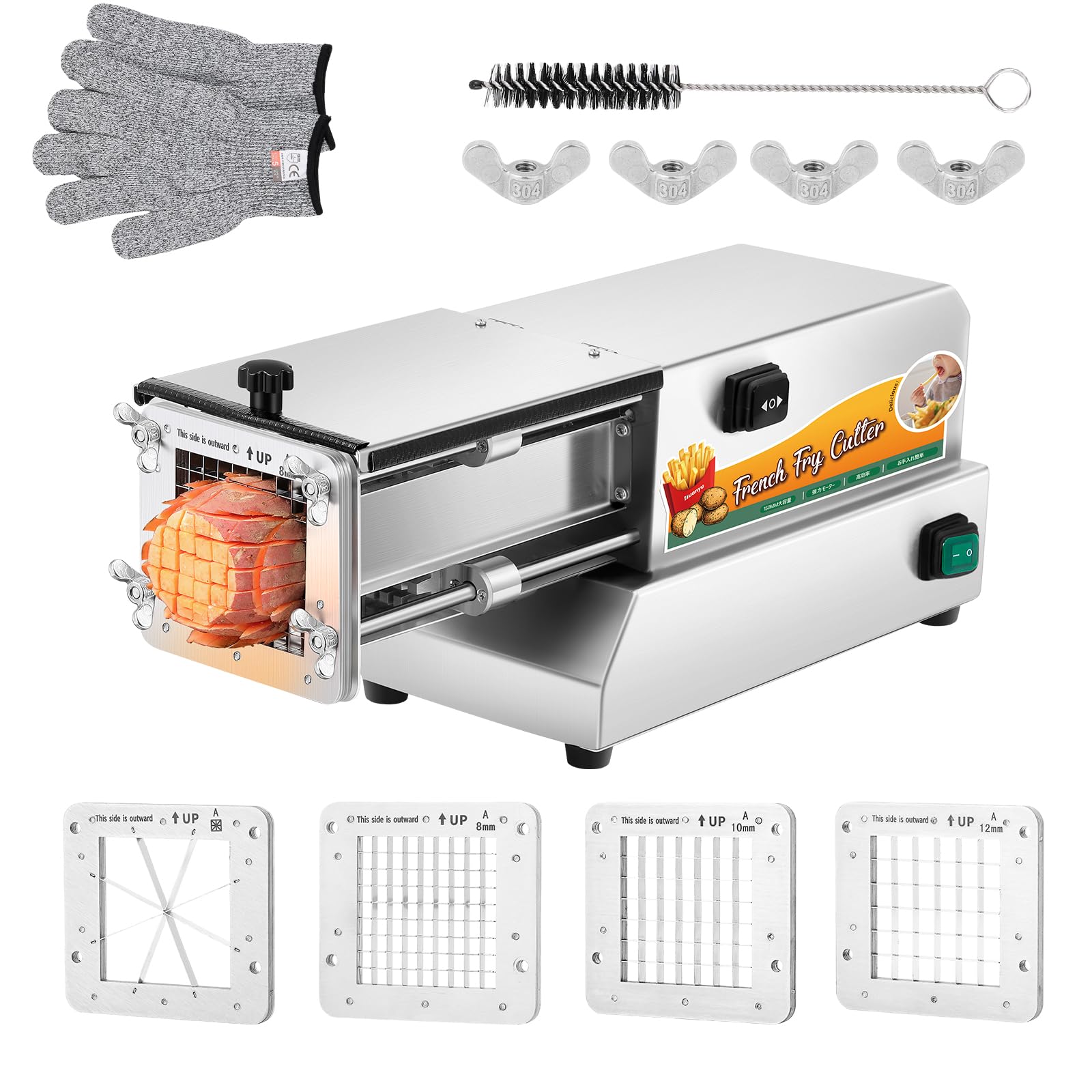 

Huanyu Electric Commercial Potato All Made of Stainless 4 Types of Washable with Large Slicer, Cutter, Steel, 8/10/12MM/8 Wedges, Blades, Water, срібний