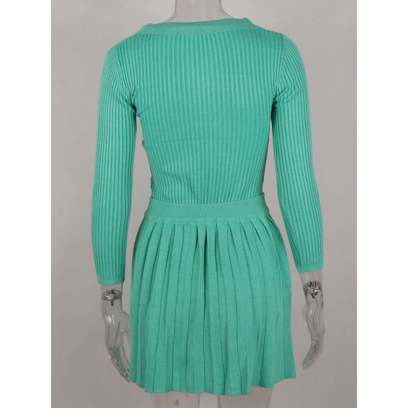 European and American Sexy Pleated Autumn Silm Long Sleeves Open Collar T-shirt Skirt Knitted Two-Piece Knitted Suit