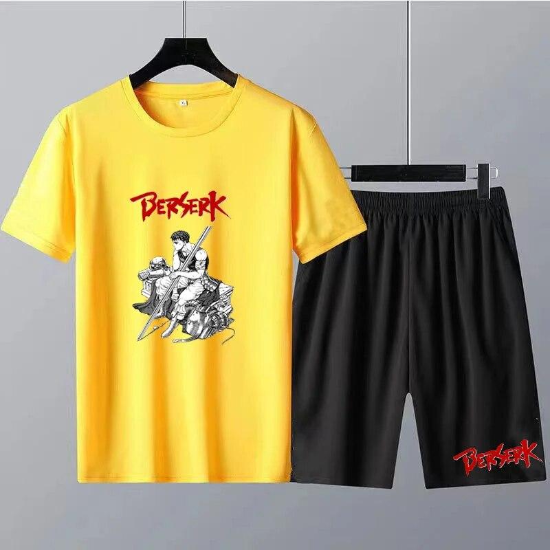 Japanese Anime Berserk Print Men's Round Neck T-shirt Sets Summer T-Shirt Shorts 2pcs Set Oversized Tracksuit Casual Men Clothes