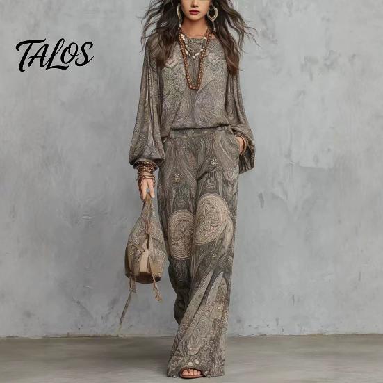 Birnenform Schmeichelhaftes Outfit Boho-Print 2-teilige Sets für Damen, Lässiges Langarm-Oberteil Damen Weitbeinige Hosen Passende Sets, Sommer Locker Reisen