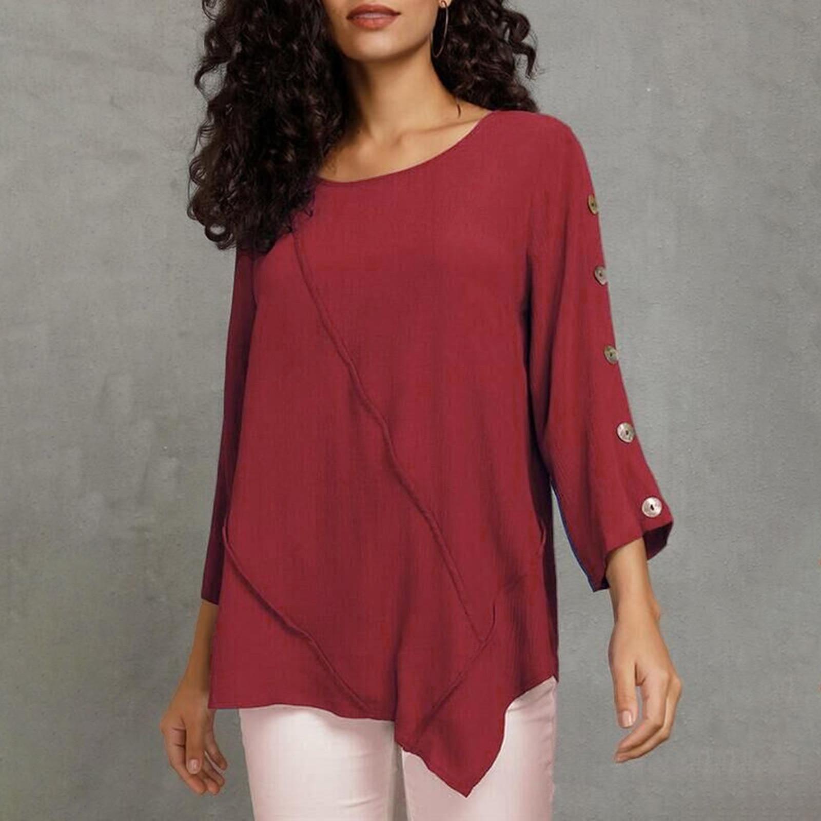 

Женский модный свободный однотонный шифоновый топ с круглым вырезом и круглым вырезом со средними рукавами, прострочкой и нерегулярной кромкой, украшенный пуговицами XXL красный