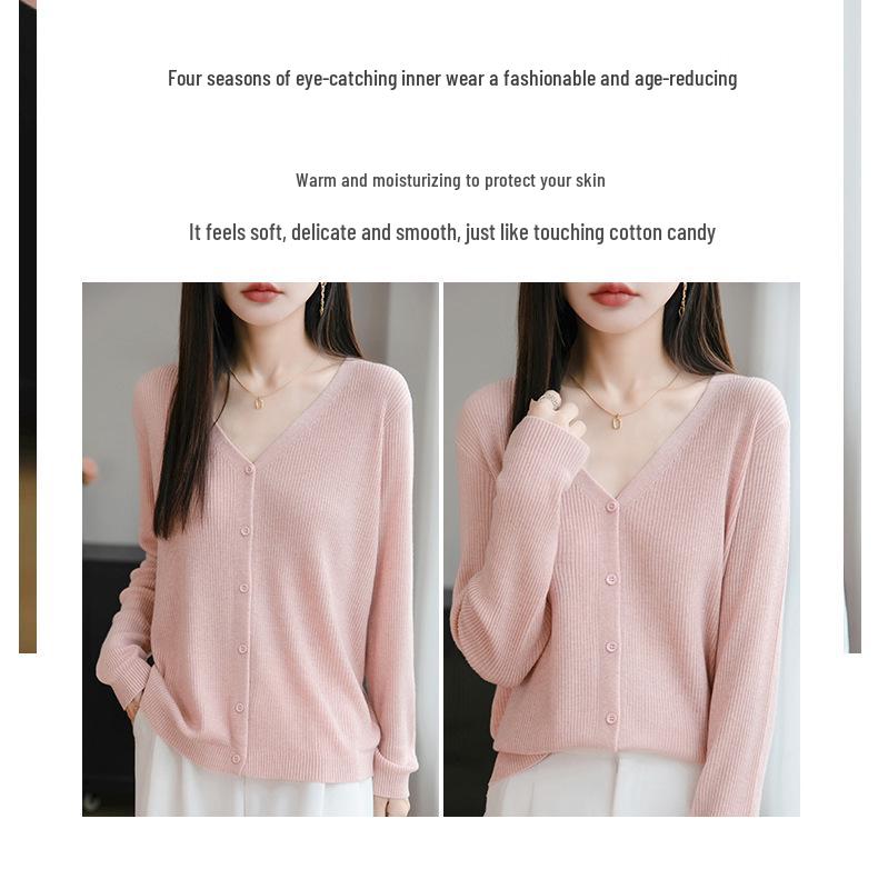 Versatile Fashion Wool V-Neck Ribbed Cardigan Sweater, Long Sleeve Top