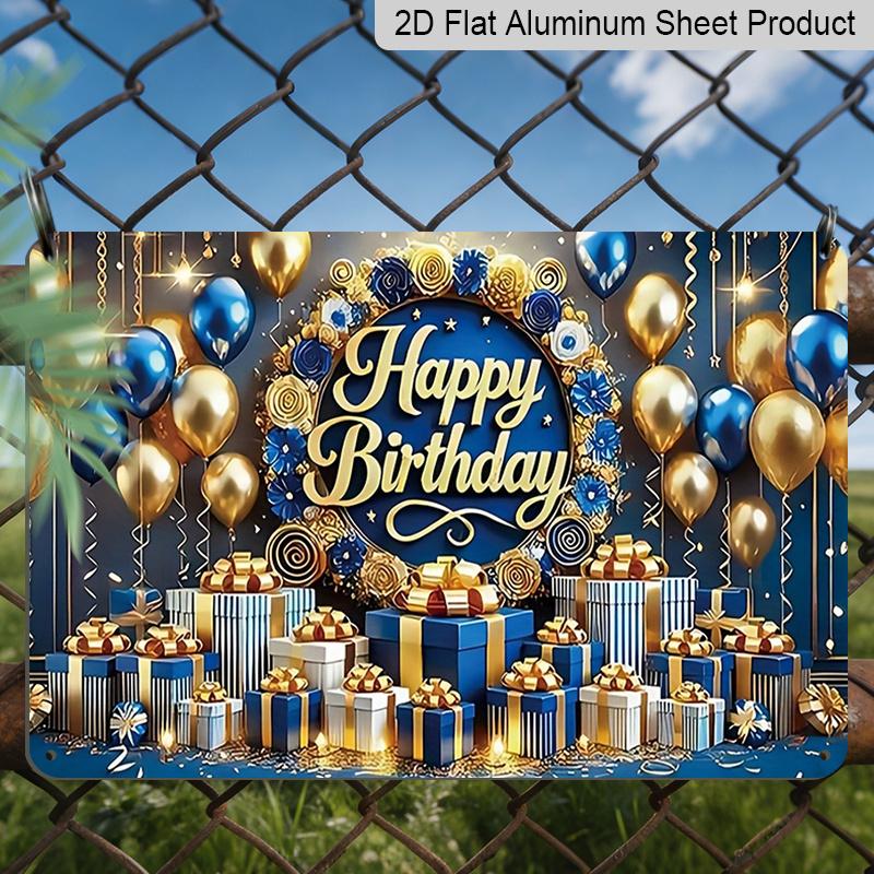 2D Flat, 1pc "Happy Birthday" Blue & Gold Plaque - Luxury Birthday Decor Sign with Balloons & Gifts, Navy Blue & Gold - Aluminium Wall Hanging