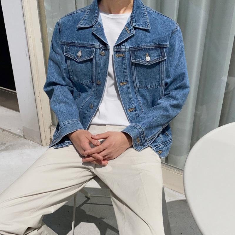 Giacca di Jeans da Uomo Primavera Ispessita Stile Coreano Larga Retro Workwear Giacca con Bavero Top