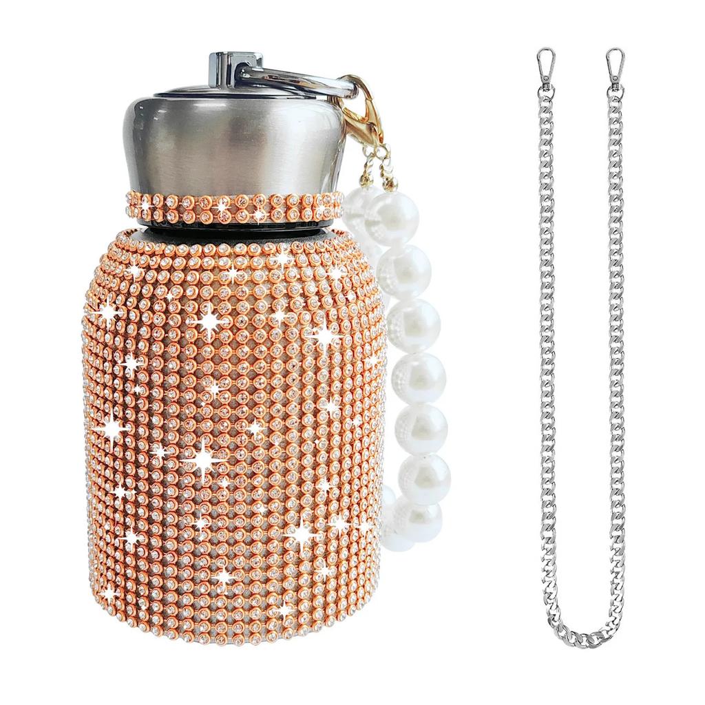 300ml Luxus Strass Edelstahl Isolierbecher Funkelnd Tragbar Perlenkette Wasserflasche Tragbar Reise Vakuumflaschen