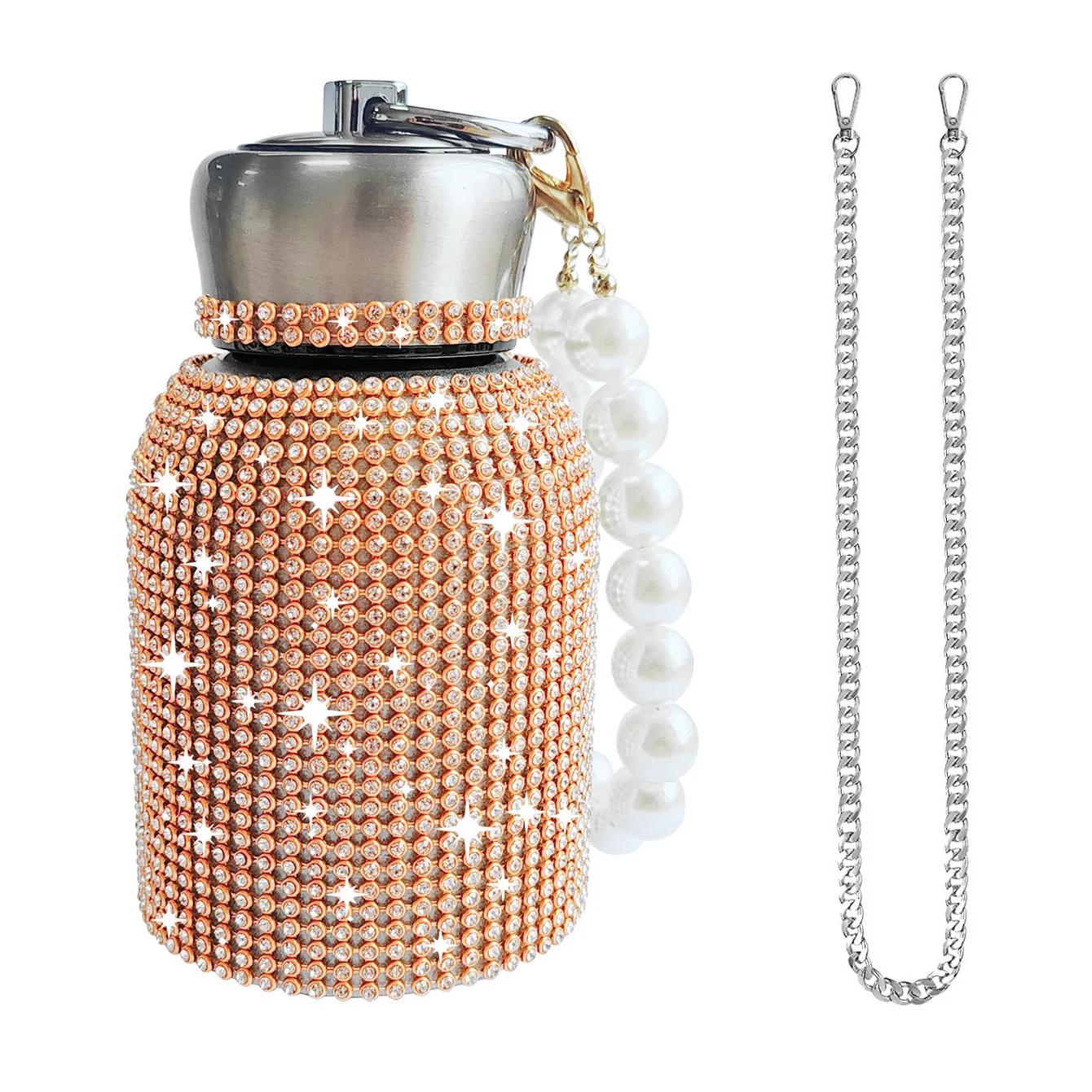

300ml Luxury Rhinestone Stainless Steel Insulating Cup Sparkling Portable Pearl Chain Water Bottle Portable Travel Vacuum Flasks 300ml чистий