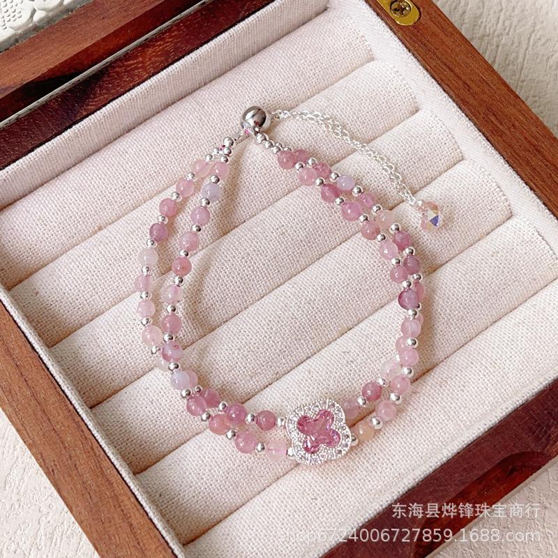 Pink tourmaline double-row bracelet niche design national style temperament crystal bracelet