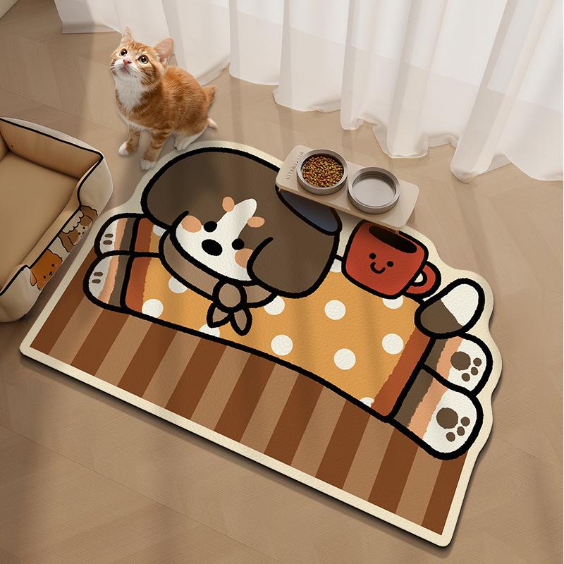 Pet Mat: Water-Absorbent, Leak-Proof Floor Mat for Dogs/Cats, Dirt-Resistant, Anti-Splash, Cartoon Design, Diatomaceous Earth.