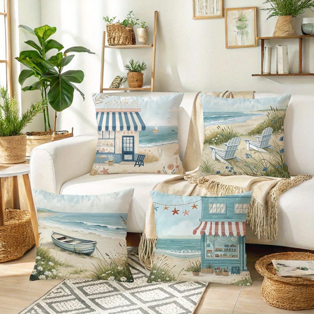 Charming Seaside Retreat Pillow CoversLiving Room Sofa Cushion Cover, Soft and Comfortable, Bedroom Room Decoration