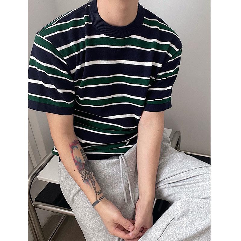 2024 Korean Striped Casual Loose-Fit Knit Crew Neck T-Shirt for Men