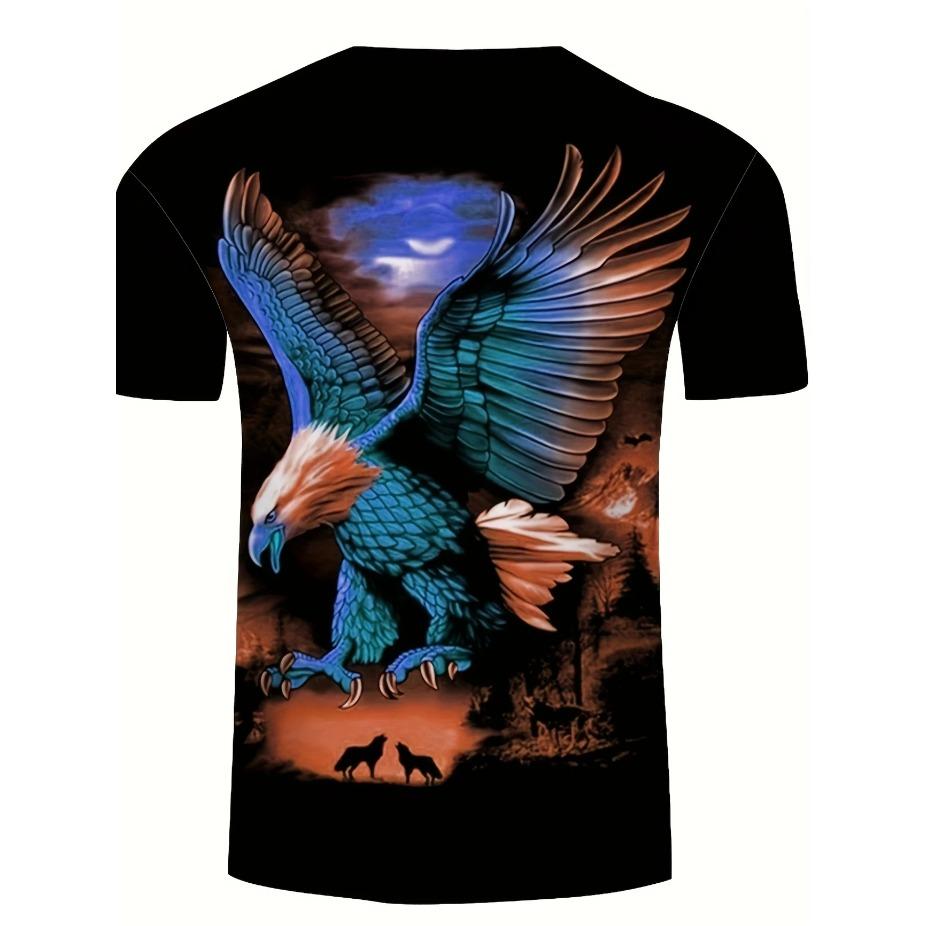 Herren 3D Adler und Wolf Grafik T-Shirt - Lebhafter Mehrfarbdruck, Lässiger Kurzarm, Polyester, Maschinenwaschbar, ÜBERGRÖSSE