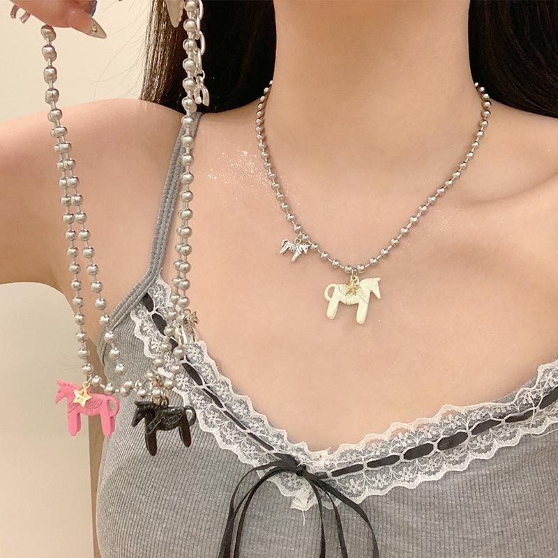New Funny Enamel Colt Horse Pendant Necklaces For Women Silver Plated Alloy Beads Chain Chokers Jewelry Gift