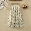 Qooth Women Embroidery  A Line Tulle Skirt Wide Hem Mid Length Elastic Waist Skirt Elegant QT2634