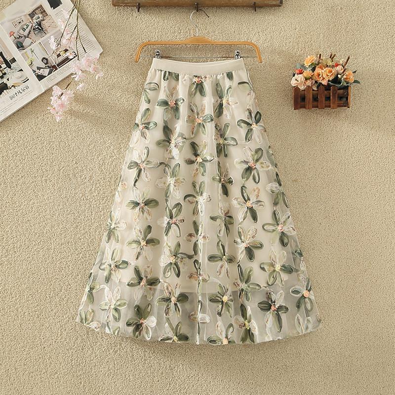 Qooth Women Embroidery  A Line Tulle Skirt Wide Hem Mid Length Elastic Waist Skirt Elegant QT2634