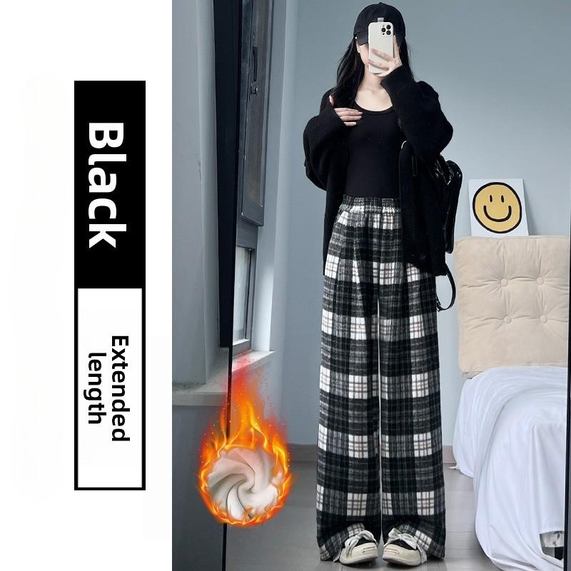 Ladies' Autumn and Winter High Waisted Woolen Plaid Wide Leg Pants, Casual Versatile, Casual with Plush Pants
