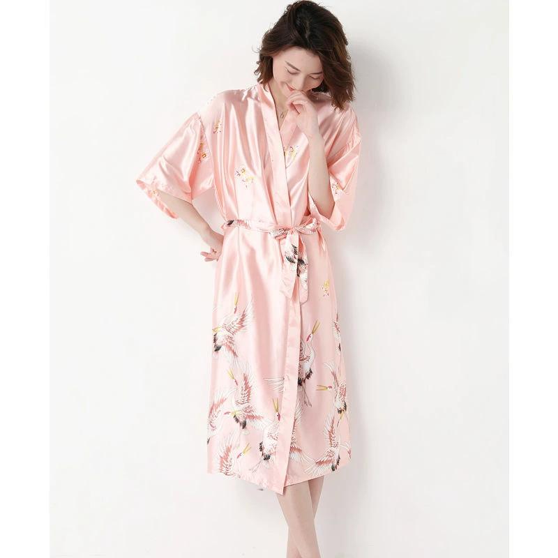 

Crane Nightgown the vernal season Sexy Bridal Dressing Gown Imitation Ice Silk Pajamas Wedding Gown Bathrobe Home Nightgown XXXL розовый
