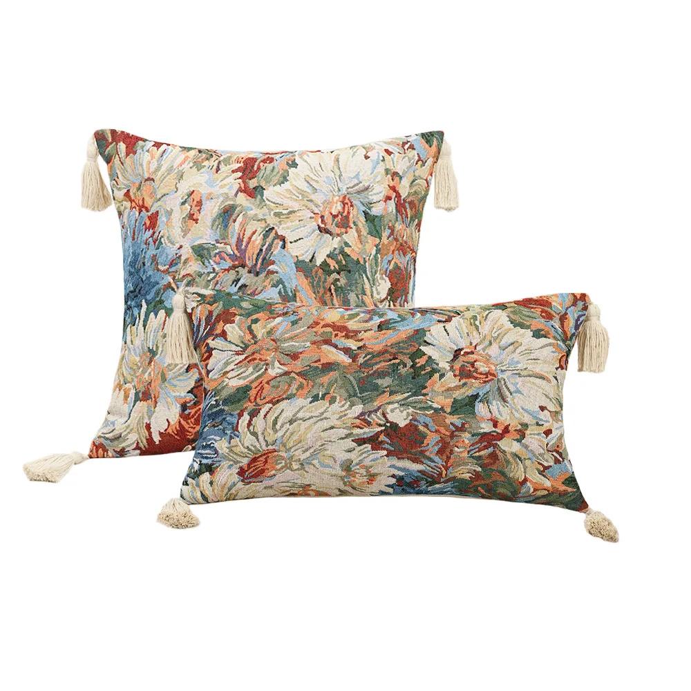 Retro European Style Cotton Linen Flower Cushion Pillowcase Living Room Sofa Backrest High Precision Jacquard Cushion Cover