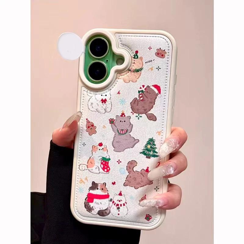 Cute Christmas Kitten Applies To Apple 16/17promax Mobile Phone Case IP15/14plus Bulging Bag Leather Pattern 13 Soft