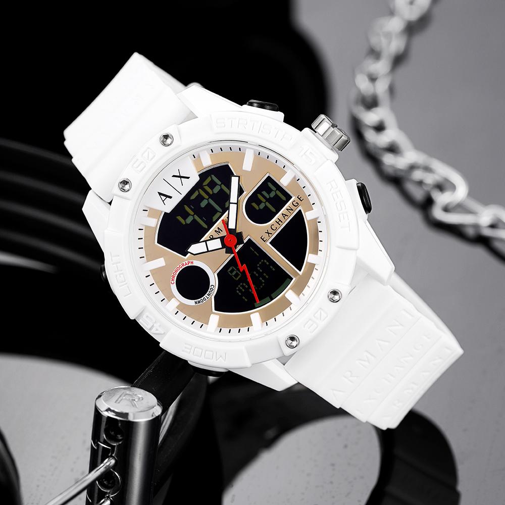 Armani Exchange AE Armbanduhr Elektronisches Uhrwerk Silikonarmband Goldenes Zifferblatt Herrenuhren AX2961