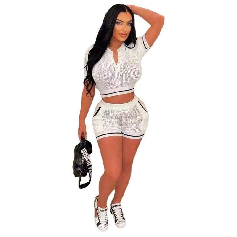Western Style Fashion Casual Loose Knit Lapel Short sleeve Top Shorts Set Top and Shorts Set