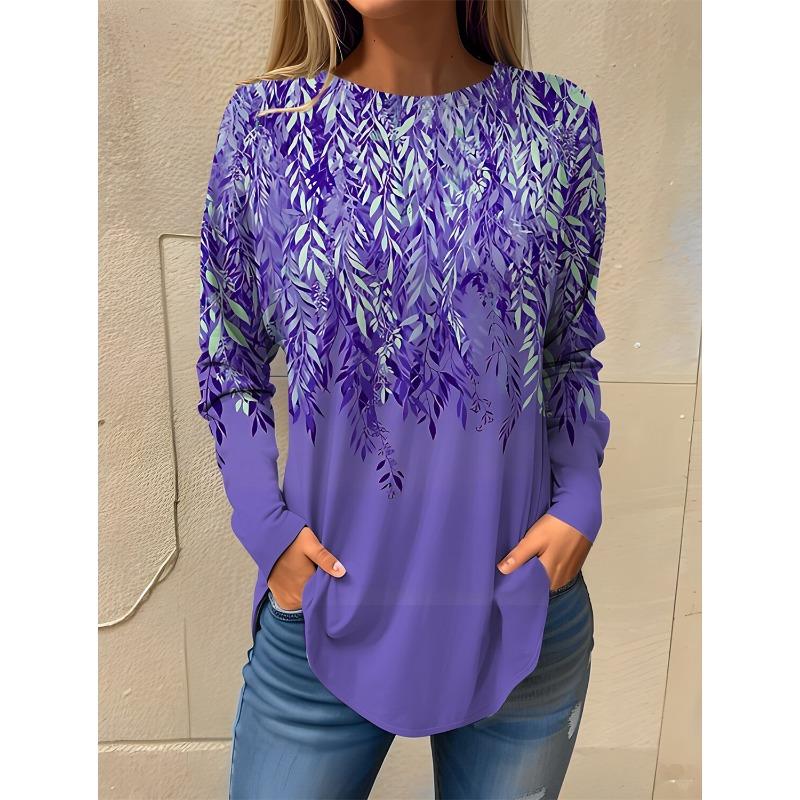 2025 Women's T shirt Tee Floral Print Long Sleeve Basic Sweatshirt Fashion Round Neck Regular Fit Floral Painting